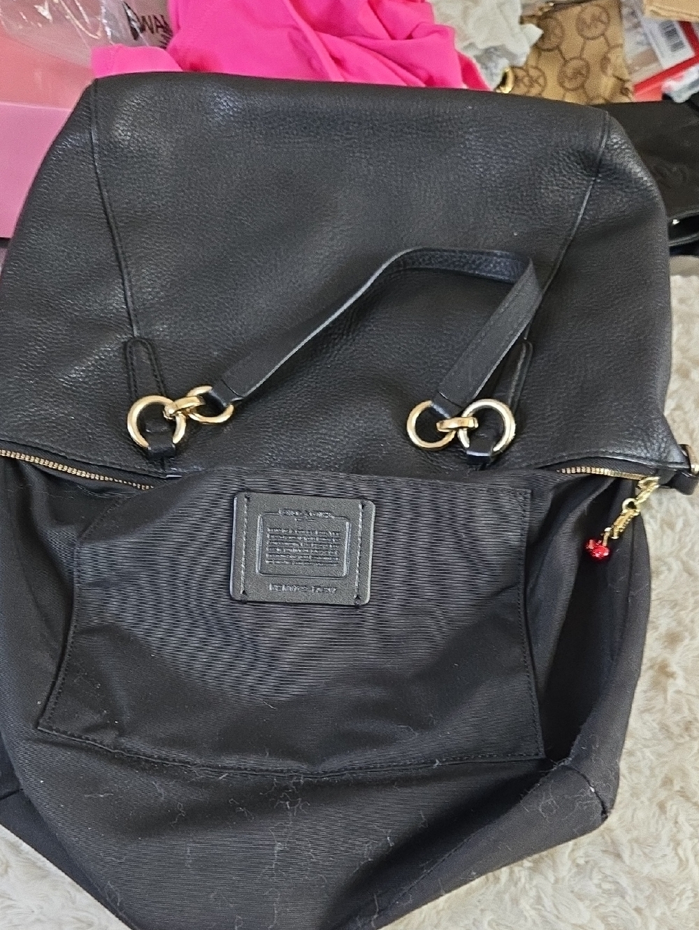 Coach Black Pebbled Leather Tote with Gold Hardware And Coach Cherry Zipper Pull - Picture 8 of 9